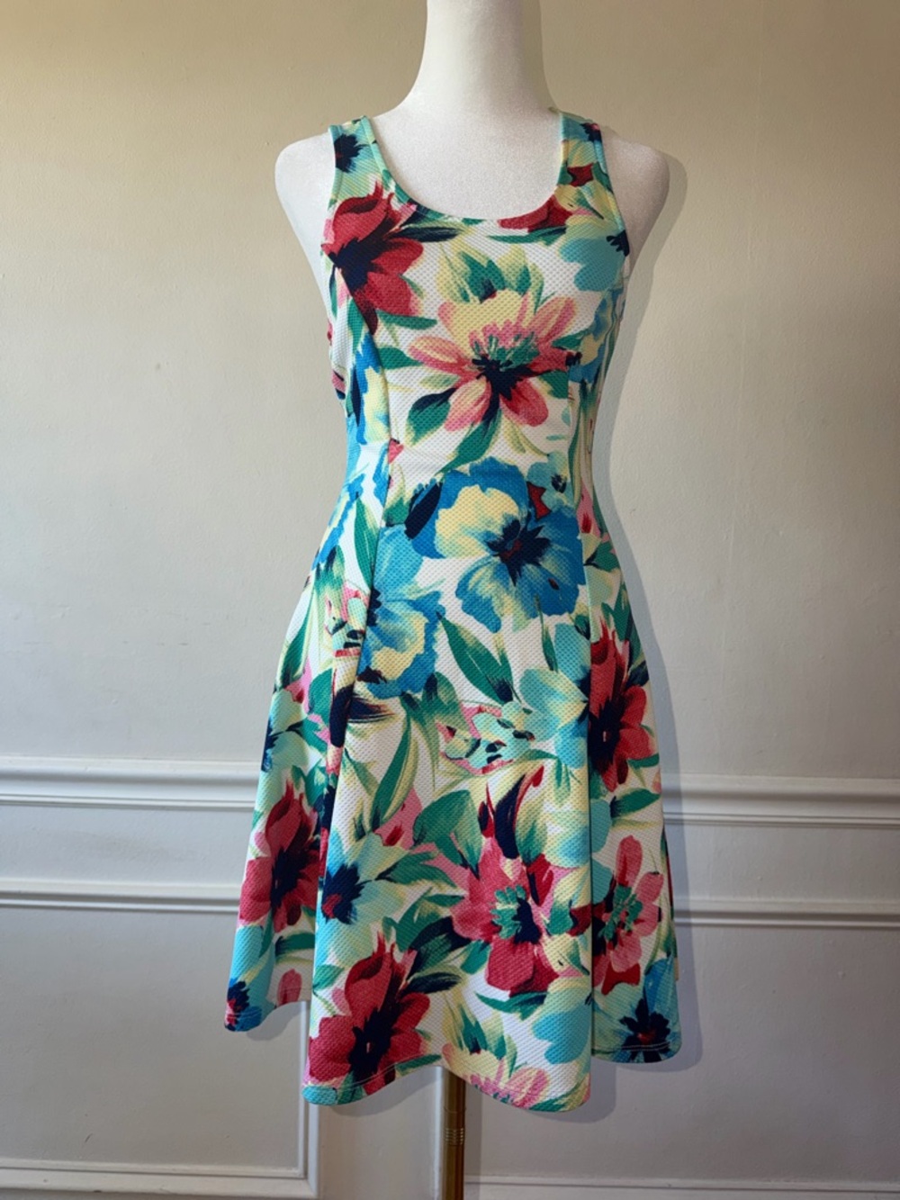 Anthropologie Everly Sleeveless Floral A-Line Dress in Teal and Pink Size Small